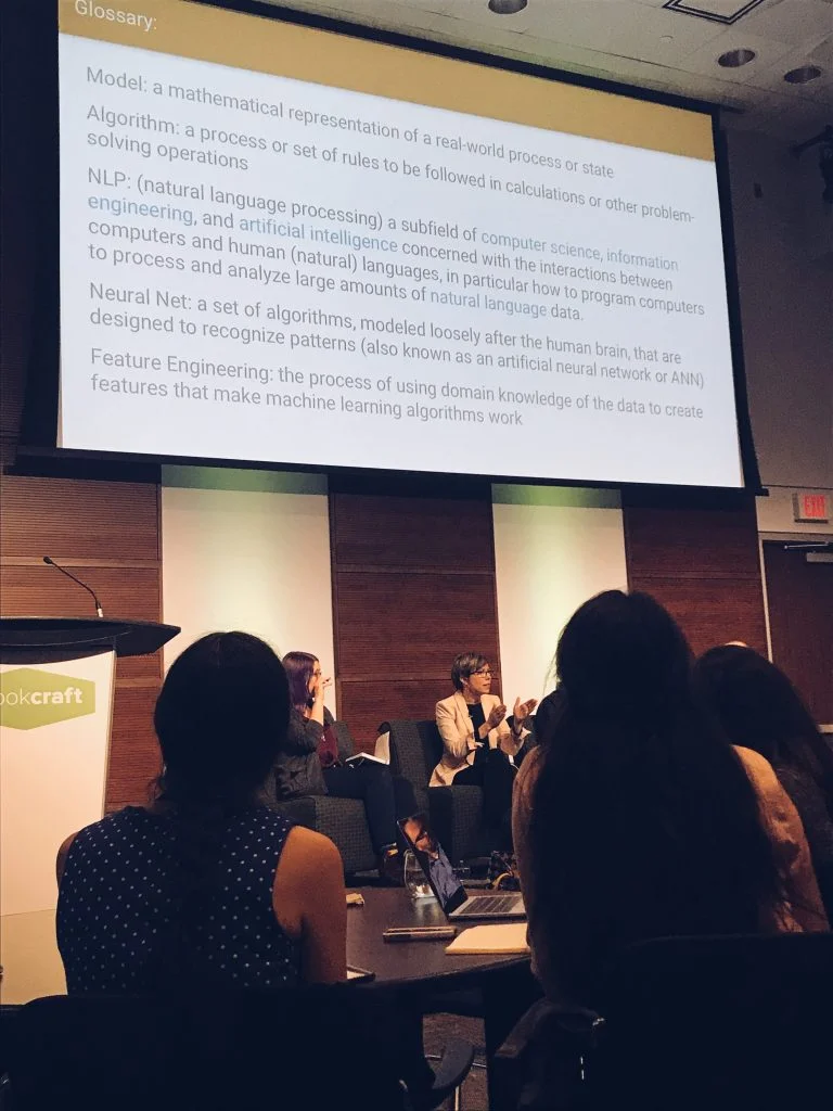 Wendy Reid (Left), Senior QA Analyst at Kobo moderating a panel on AI, speaking with Monica Landers, CEO at StoryFit.
