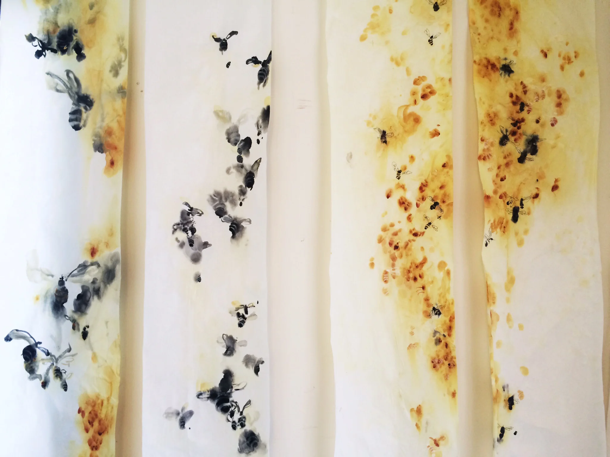 Painted scrolls, studies of the honey bees by Colorado artist Crystal Hartman, 2015