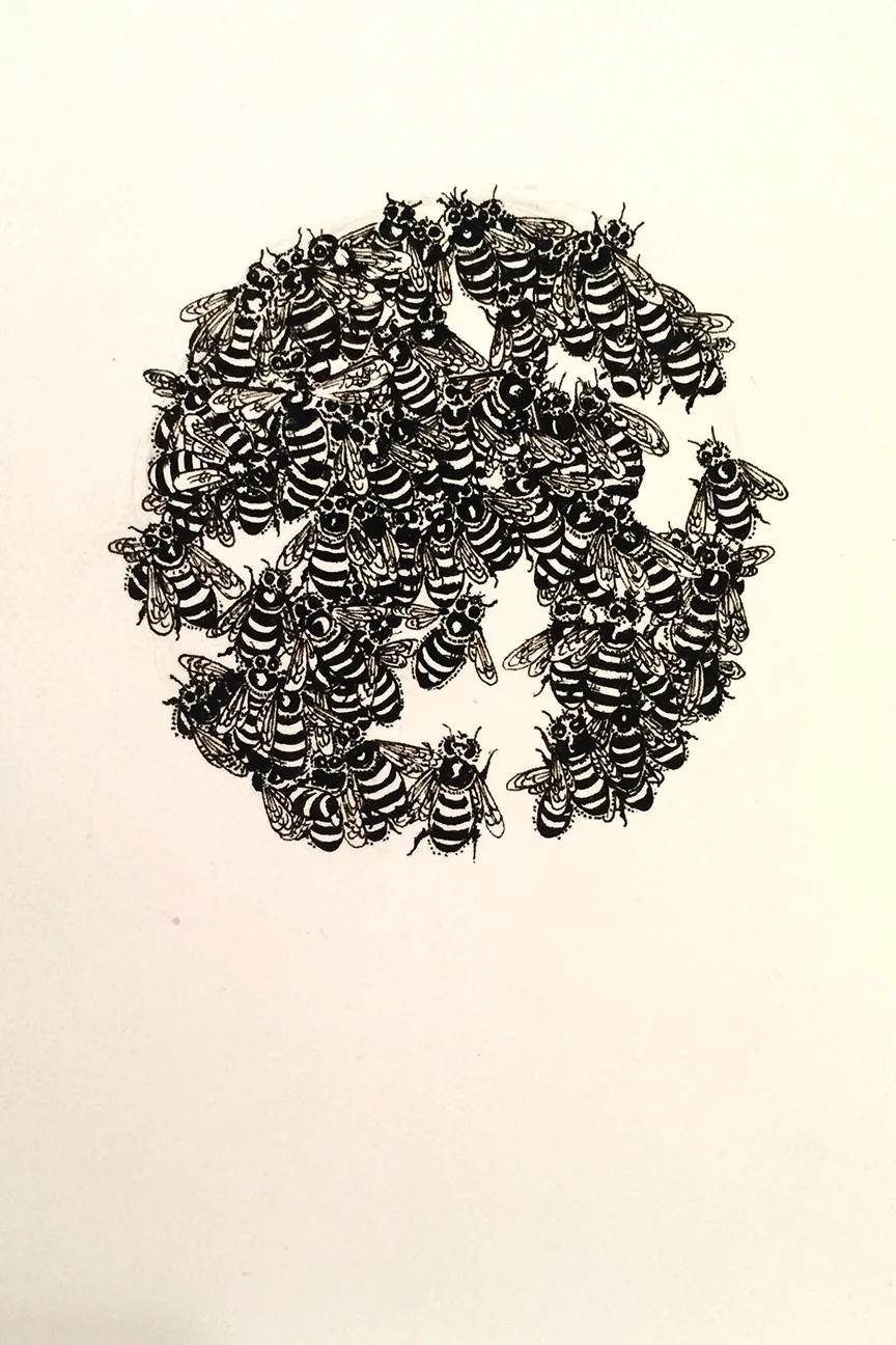 pen and ink by Crystal Hartman - Cover of Assembly by Michael Hardt and Antonio Negri, Oxford University Press and Asemblea by Michael Hardy and Antonio Negri, Akal Press