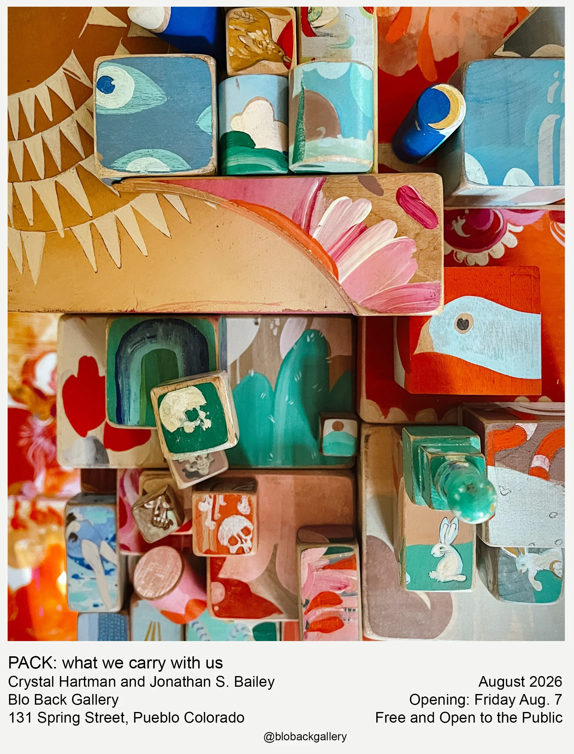 hand painted blocks as shrine in an art exhibition from Crystal Hartman and Jonathan S. Bailey opening August 7 at Blo Back Gallery in Pueblo Colorado