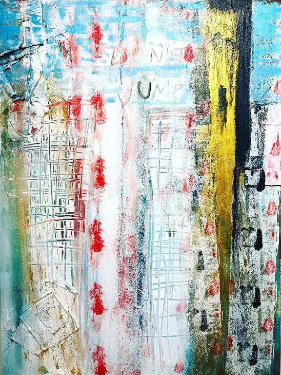 Don’t Jump (c) Susan Ruth, All Rights Reserved 30” x 24” Mixed Media on Canvas