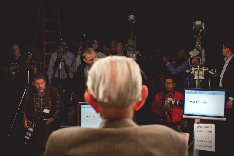 Camping addresses the press during the May 23rd Open Forum show, stating that the rapture occurred in a spiritual sense.