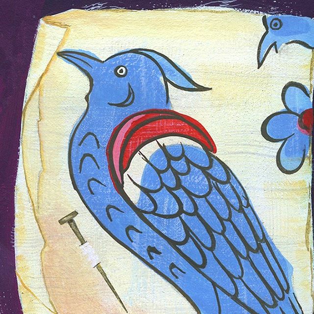 A painting of a little swatch of fabric from the 1800s. I love the awkwardness of the bird and the off-register color.
