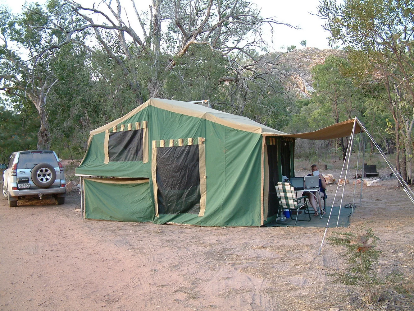 Another day, another campsite. No power? No problem. The solar panel on the far side of the tent powered our laptops, lights, 12 volt fridge and 12 volt freezer.