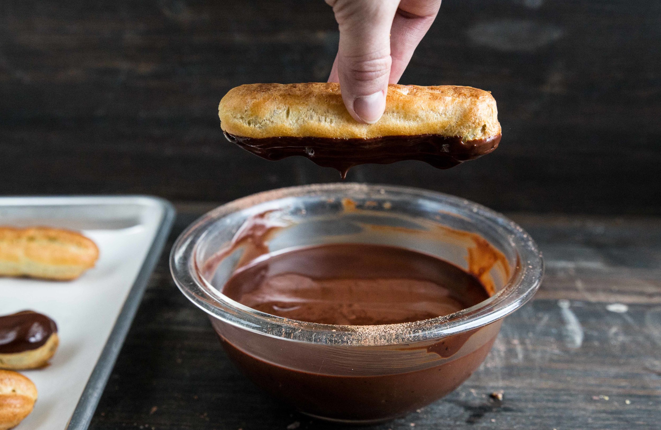 A close-up of a coffee eclair