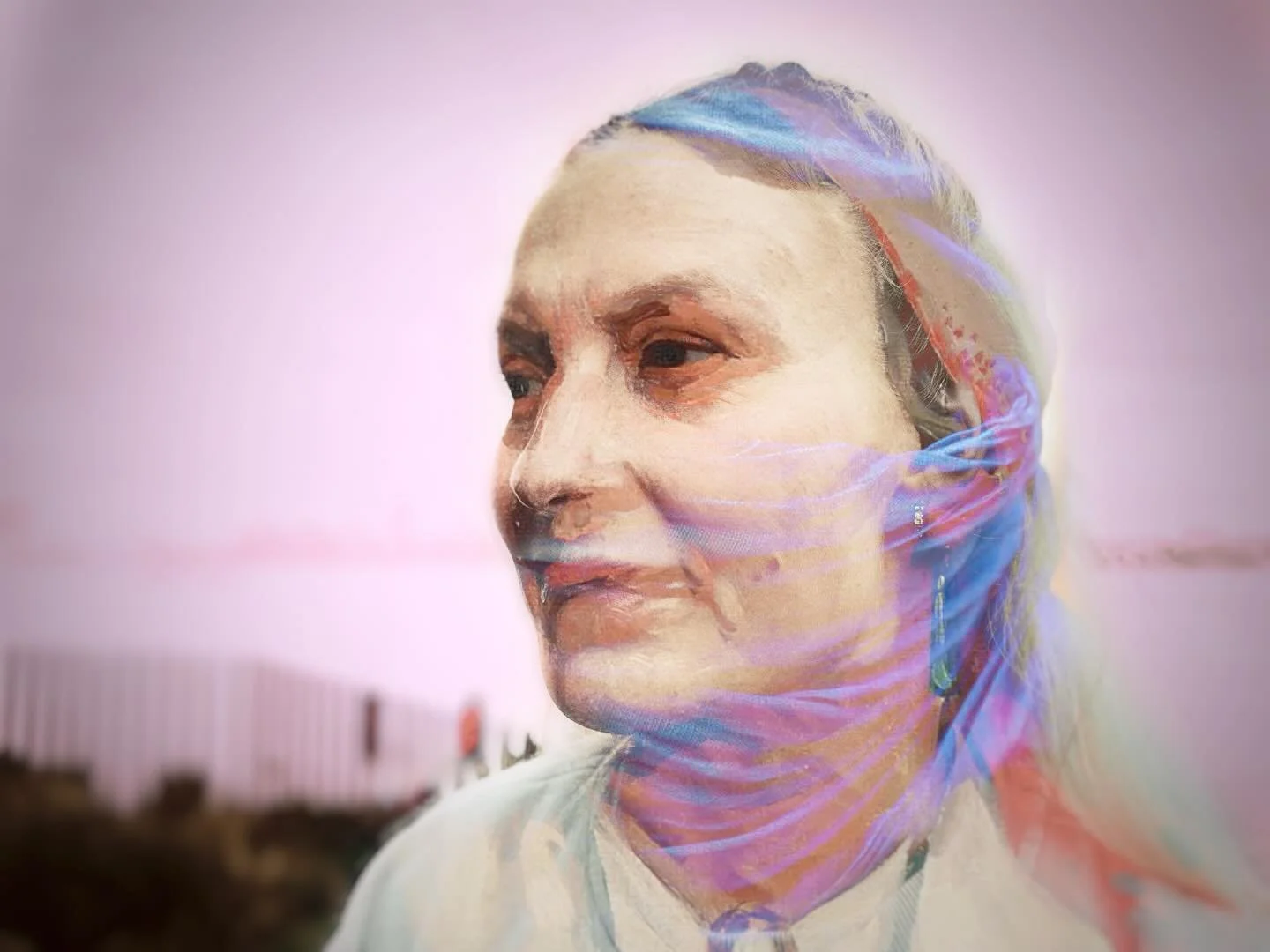 She was a German tourist I photographed on Little Island in 2024. When I finished the portrait in 2025, I layered in visual details from the shoot and her persona&mdash;traces of both person and place. What stands out first to you?