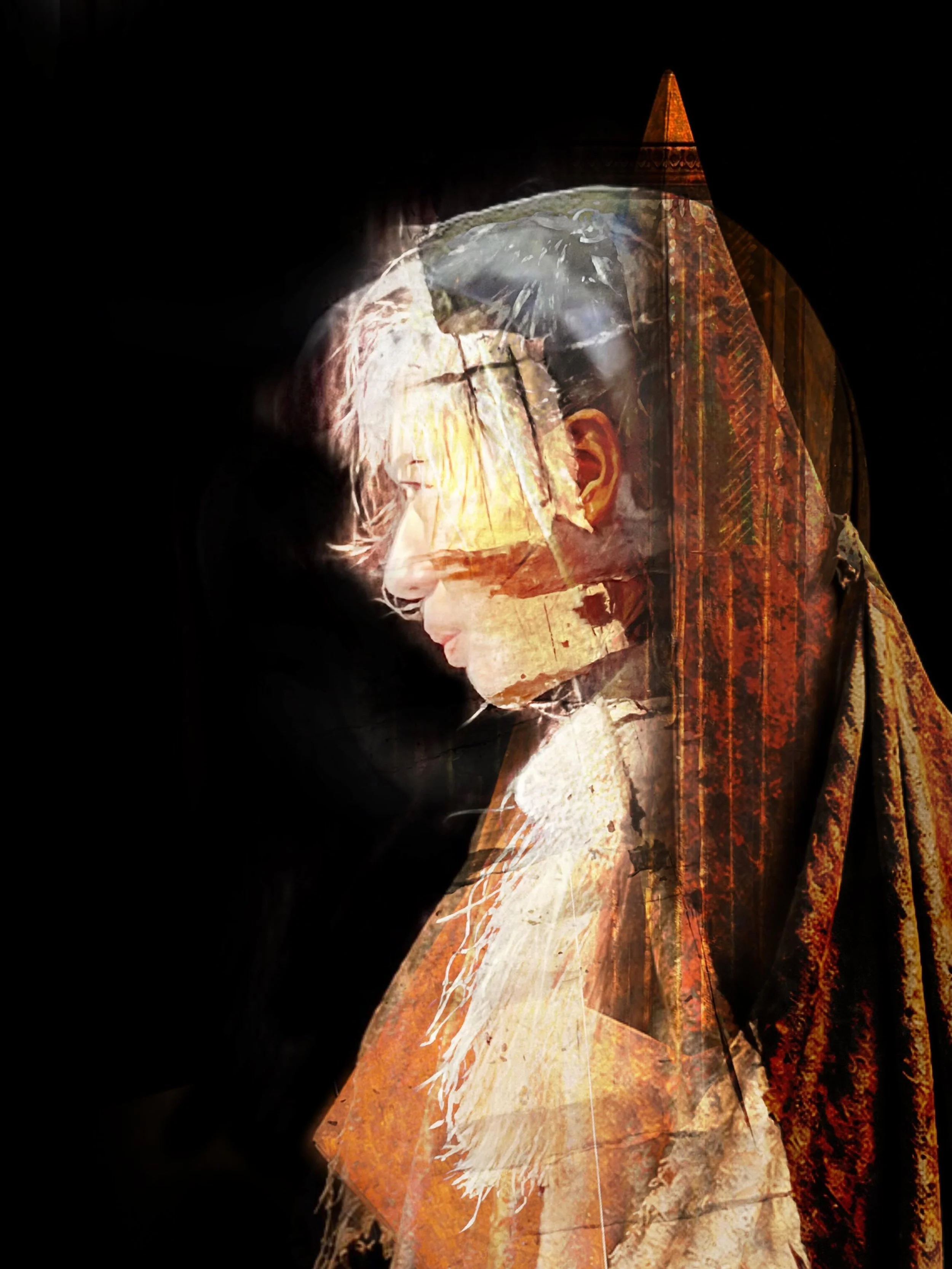 Portrait of human form in transition shot and composed by hand on an iPhone. No AI.