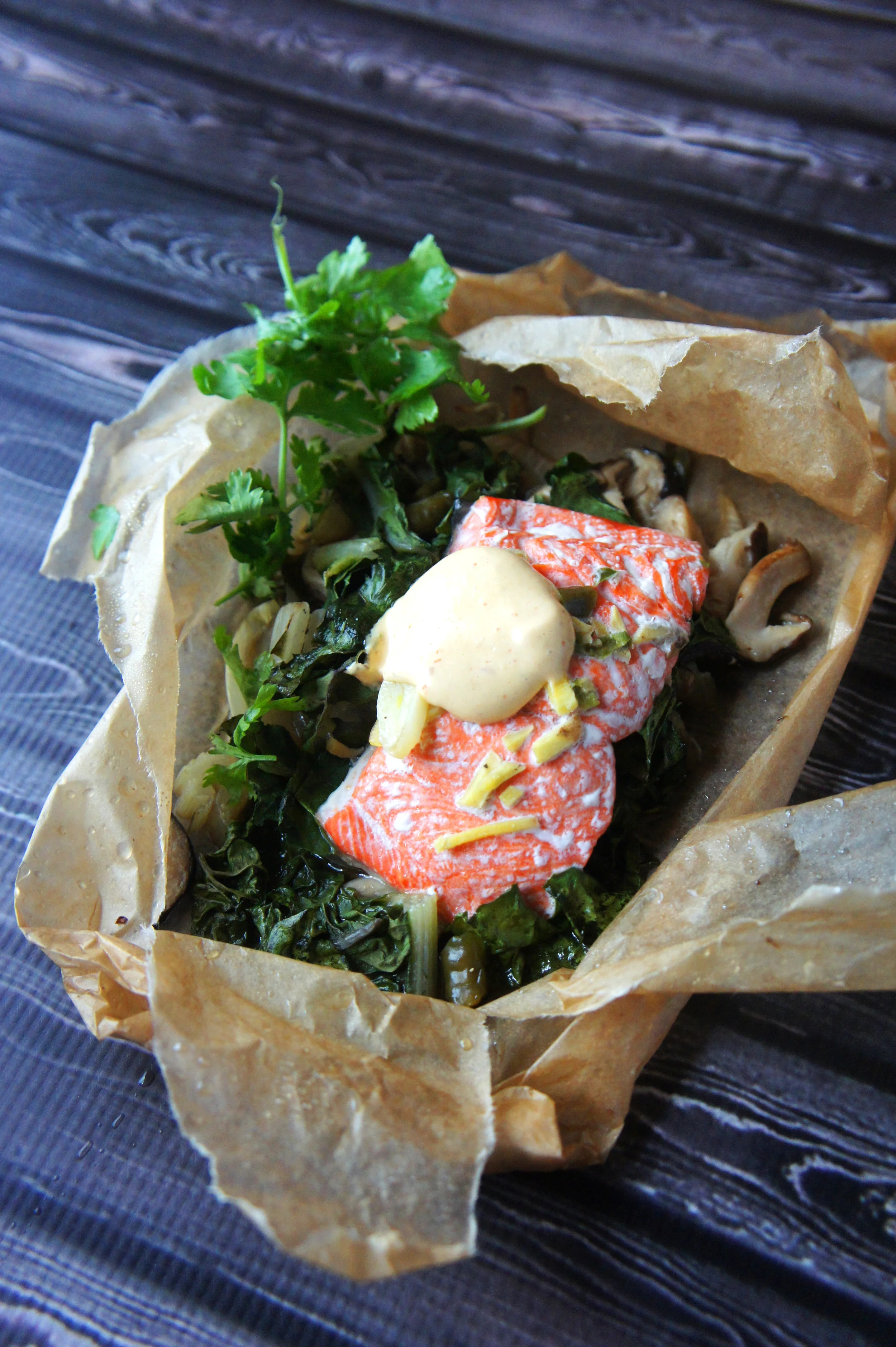 Salmon, Shiitakes & Chard in Parchment with Sriracha Aioli (Paleo)