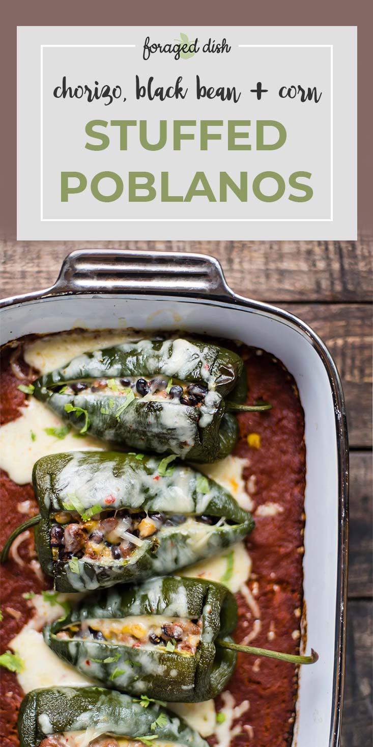 Chorizo, Black Bean + Corn Stuffed Poblano Peppers