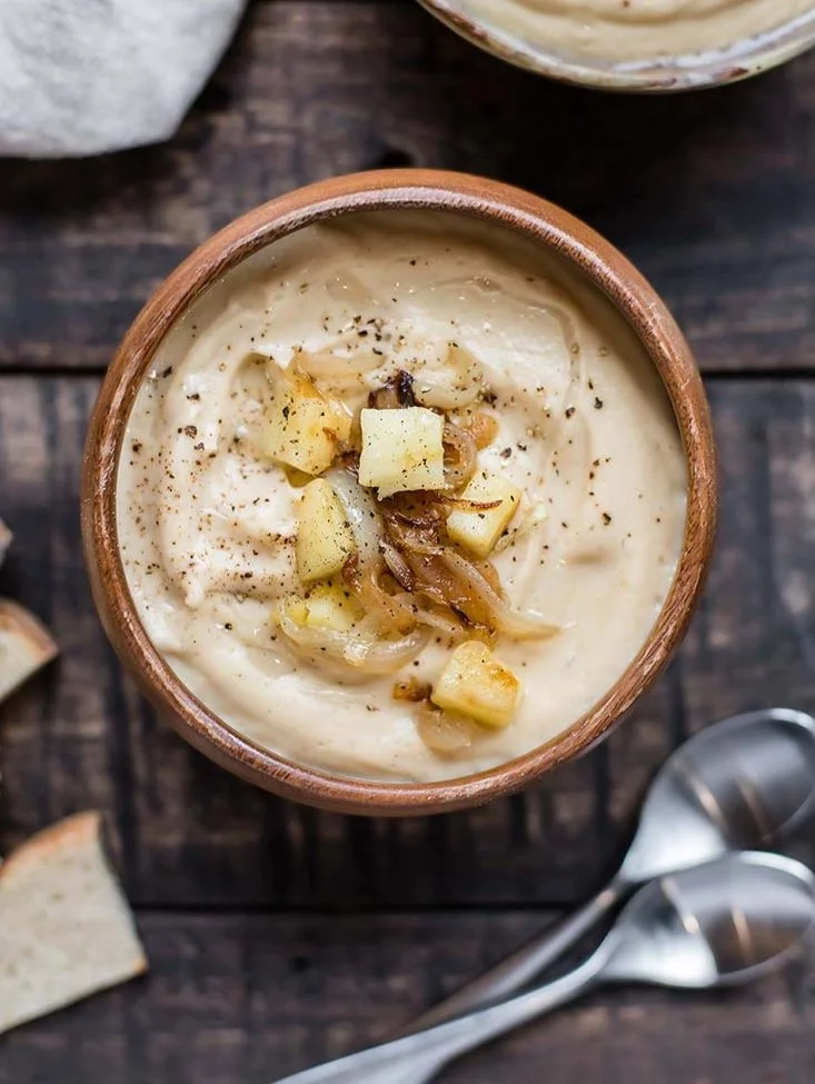 Cauliflower & Parsnip Soup with Caramelized Onions & Apples