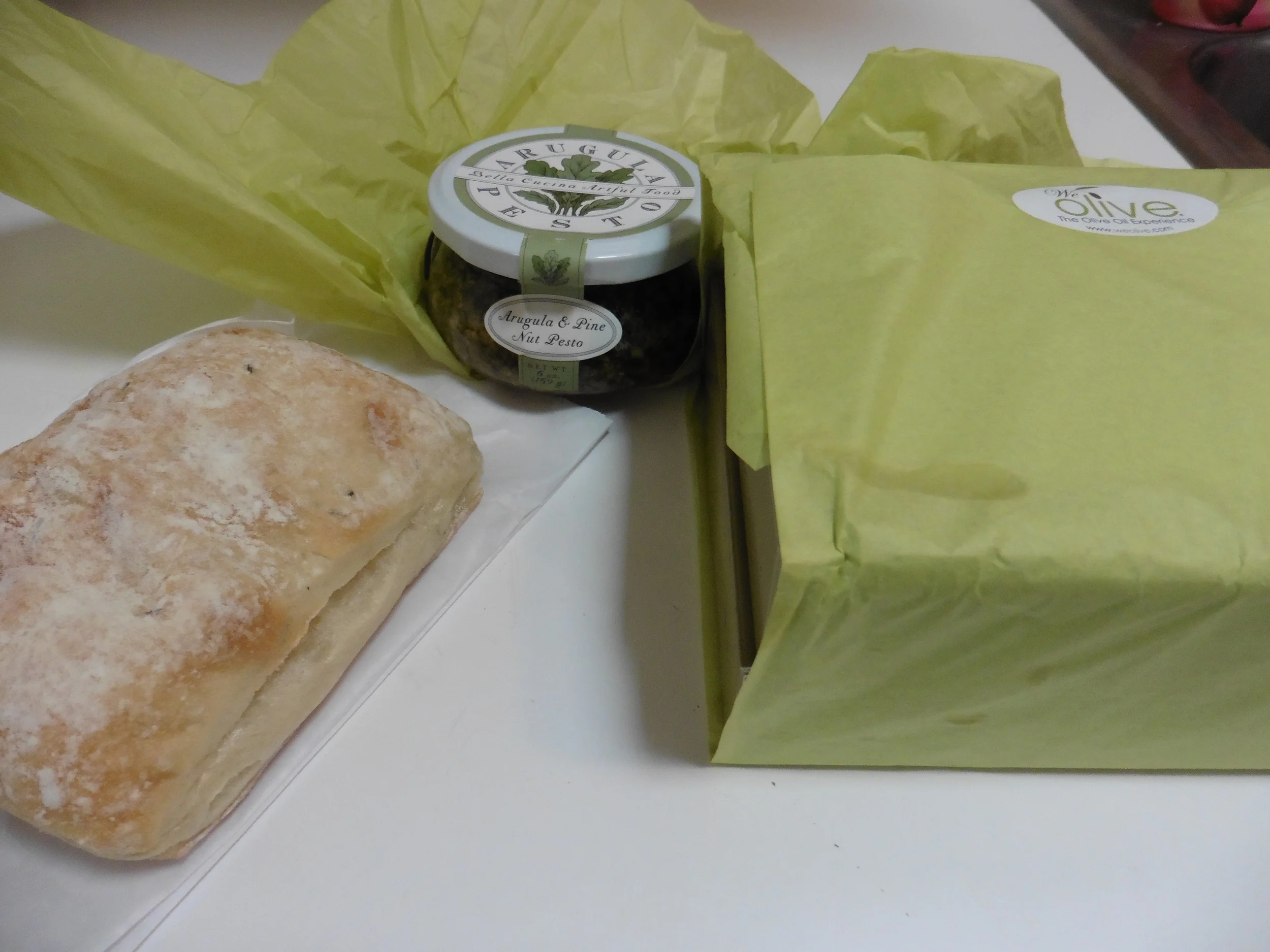 Cute packaging on my olive oil and vinegar samplers, the pesto spread and a fresh ciabatta rosemary bread I got from the Chestnut Street Bakery a few doors down. 