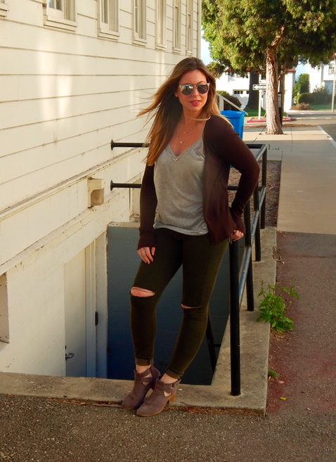 Outfit Details: SWEATER: H&M, old, but this C by Bloomingdale's Cashmere Basic Open Cardigan is pretty similar // SUNNIES: Sole Society Lysanne Round Bar Sunglasses - Blue-One Size // NECKLACE: Lulu's gold and pearl layered necklace // TOP: Heather gray tank top // JEANS: Lulu's distressed skinny jeans // BOOTIES: Sole Society Evie Cutout Suede Bootie - Dark Mushroom-9