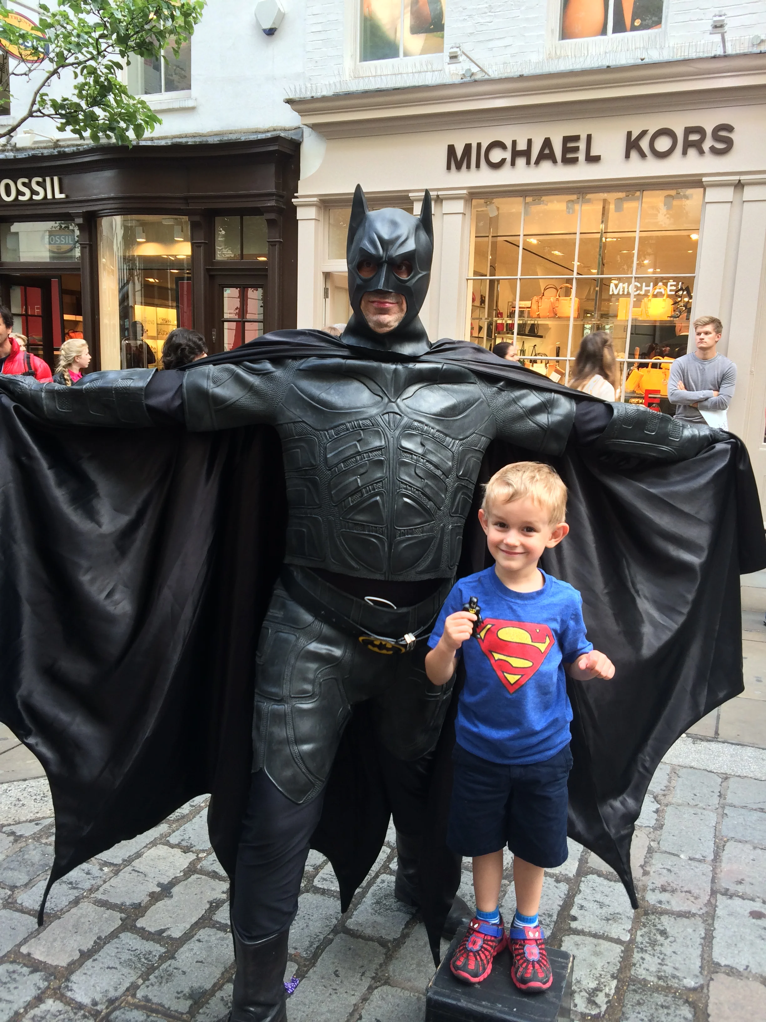 Kian, Batman (in Kian's hand), and Batman. Kian's comment of course was that this Batman was lacking a Utility Belt.