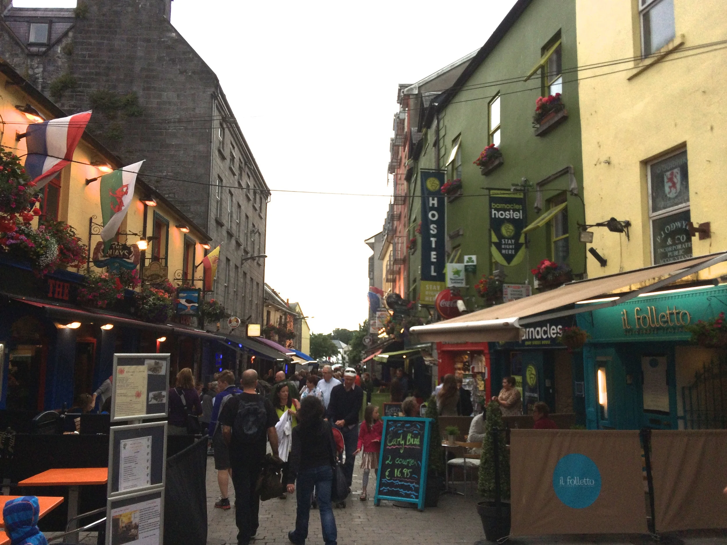 Barnacles Hostel (the green building) on Shop Street in Galway