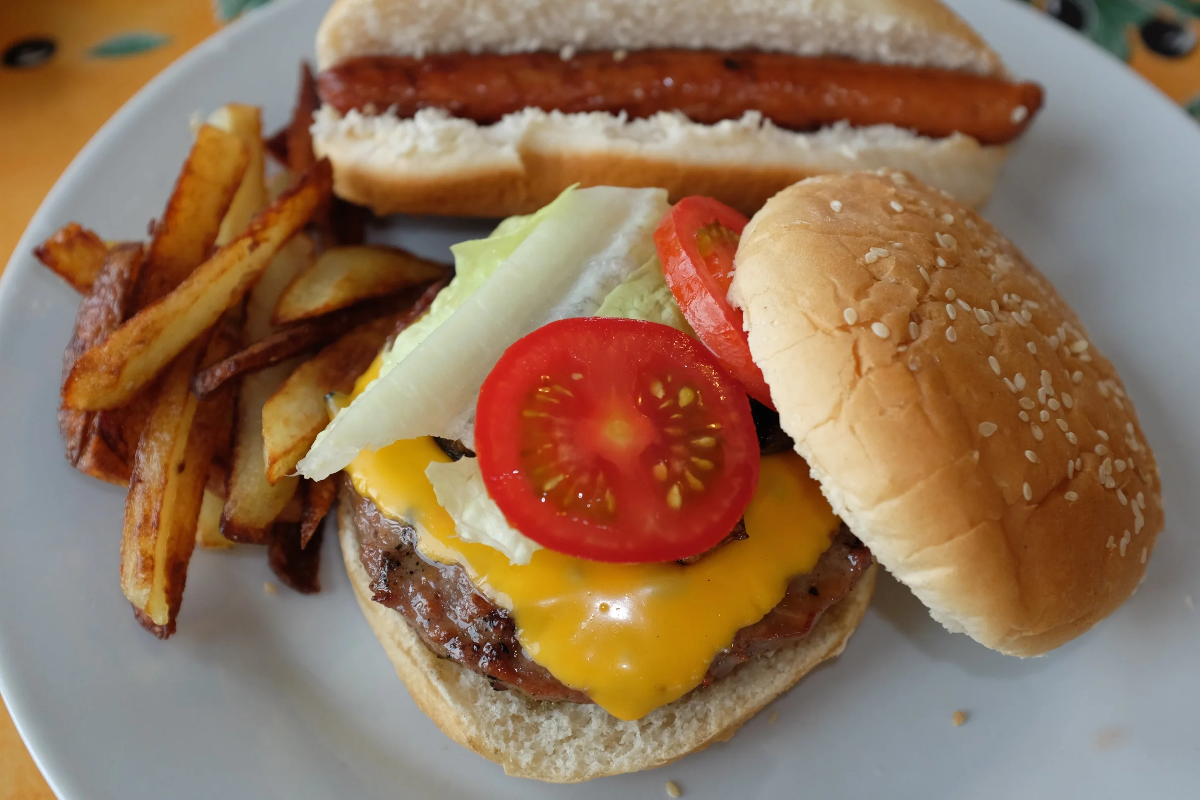 Cheeseburger, hot dog, and homemade french fries :) 