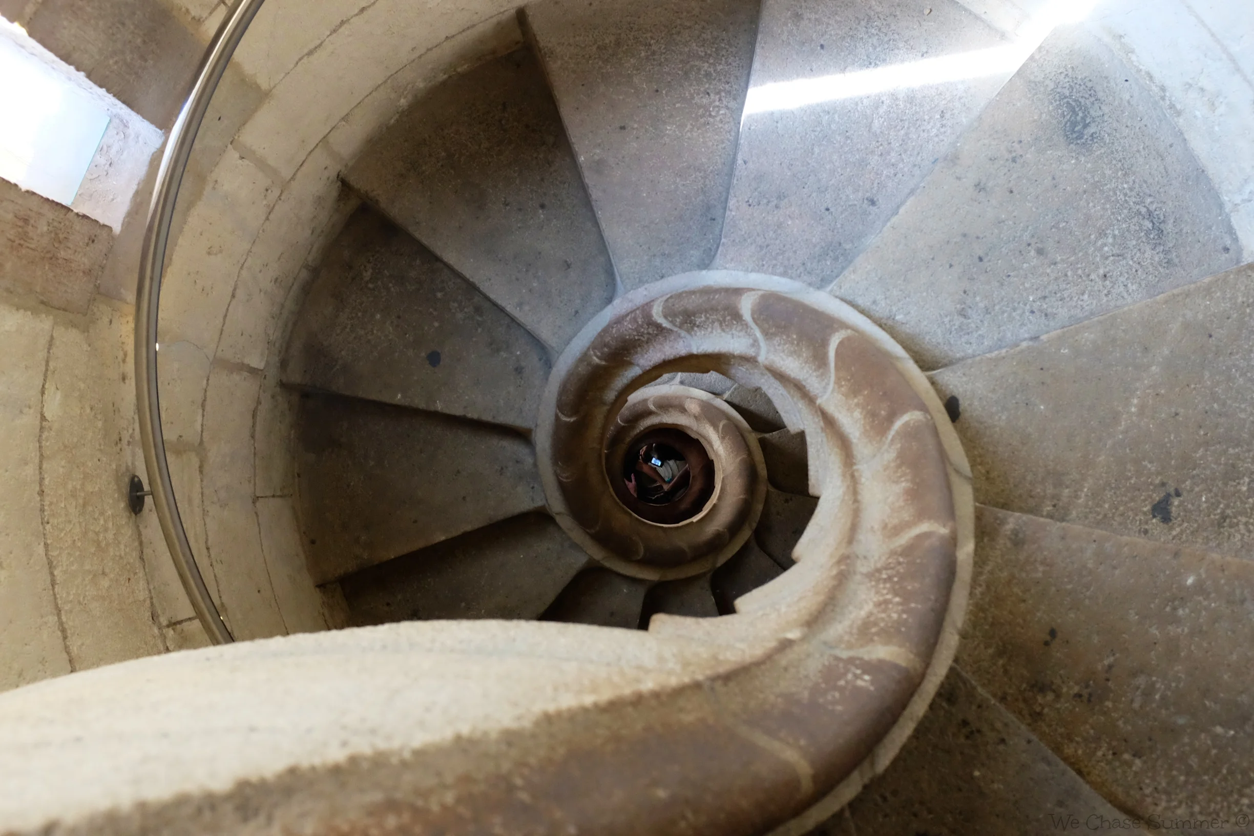 The spiral staircase which brings visitors down from the towers.