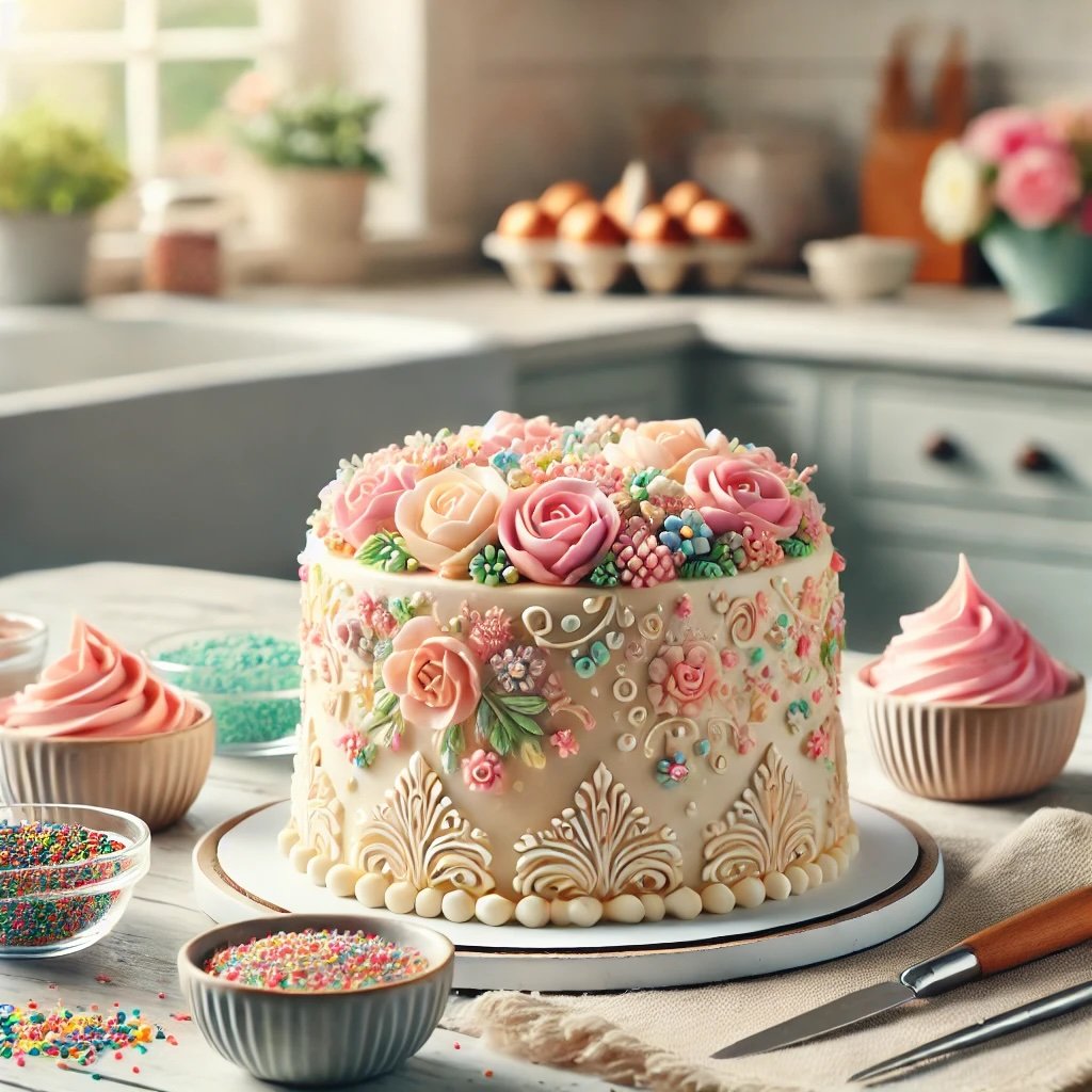 DALL·E 2025-03-14 10.41.17 - A beautifully decorated mini cake on a table, surrounded by small bowls of colorful frosting, sprinkles, and decorating tools. The cake is detailed wi.jpeg