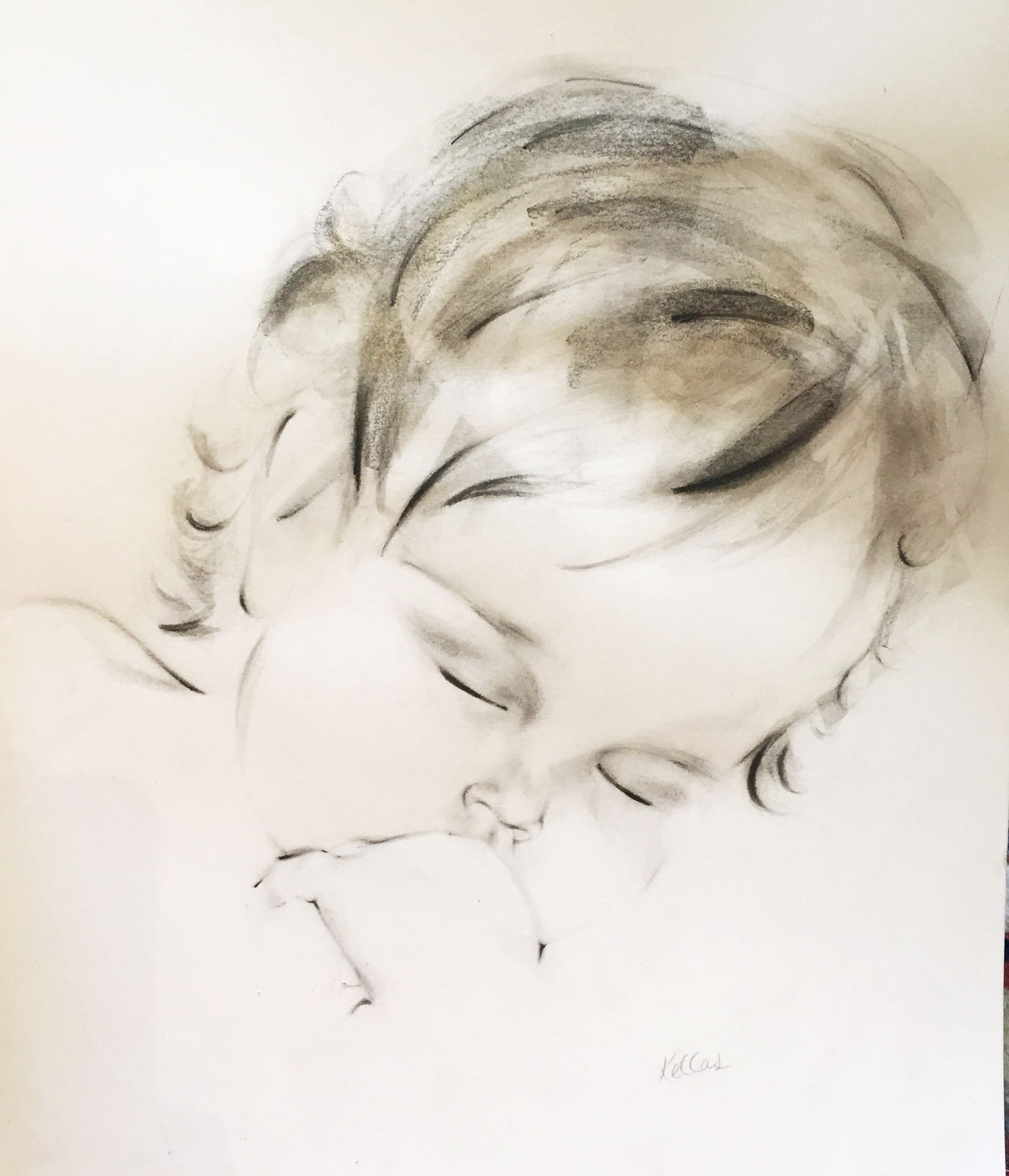 This is a portrait I did based on a photo sent me. I used graphite, charcoal, ink and iridescent, gold pastel. It is 29.7 by 42.0 cm. See my shop for commissioning a portrait.
