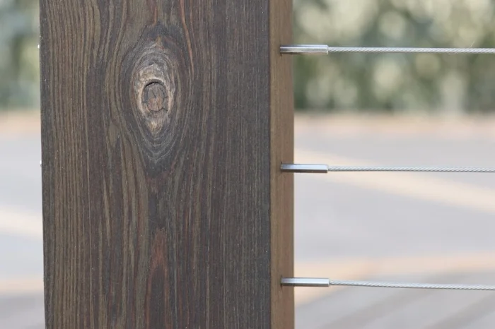 A close-up view of the stainless steel cable rail 