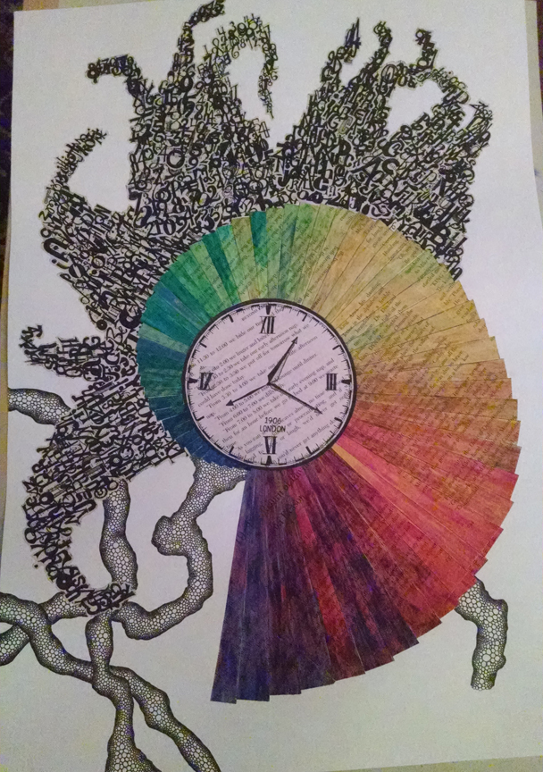 Drawing, cutting out, and pasting clouds of numbers and letters, and drawing the tendrils in the background