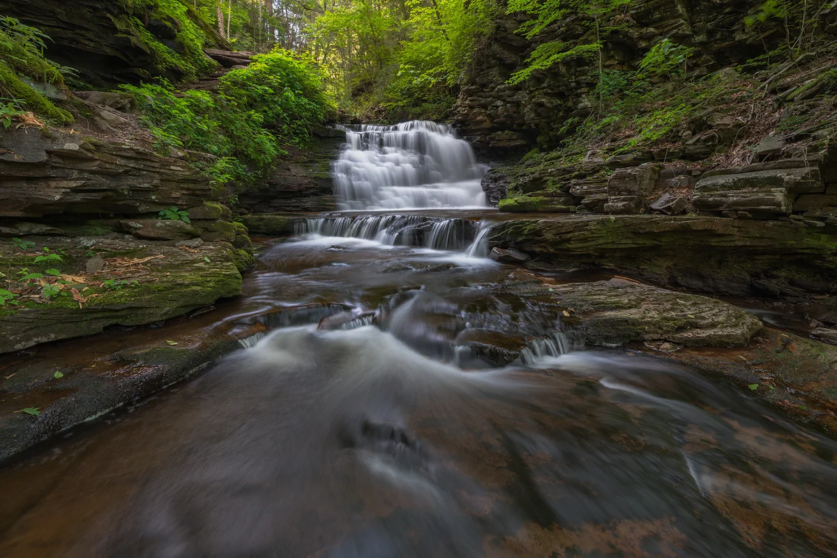 Nestled into a rock gorge in Rickett's Glen, this waterfall exhibits a silky flow with some textural structure to the water. Capture time: 4 seconds.