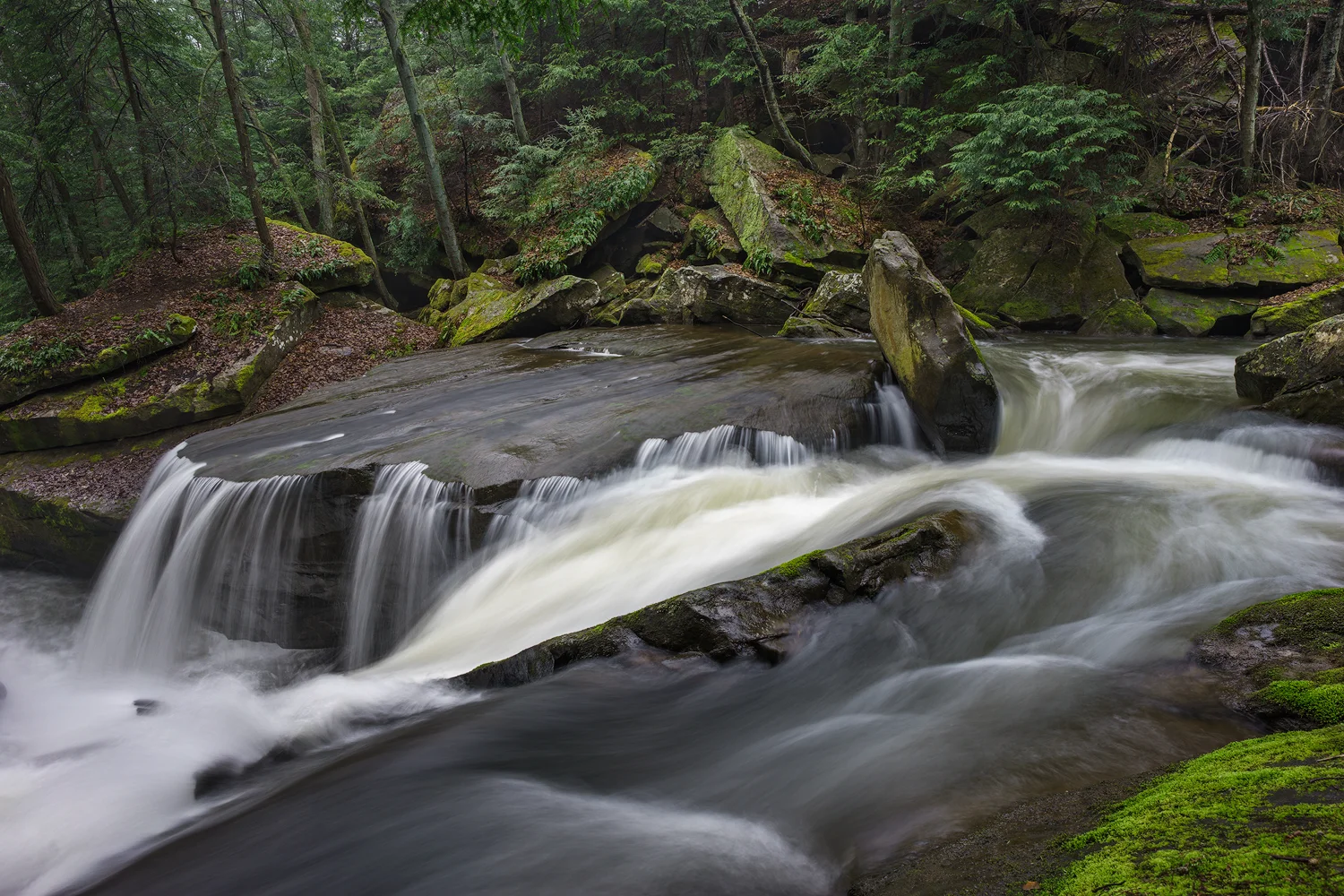 A side channel forms in higher flows that splits the creek between the deep slot. Shot with a Sony a7II and a Zeiss Loxia 21mm, f2.8. Image exposed at ISO 50, at f11 for 3.0 seconds.