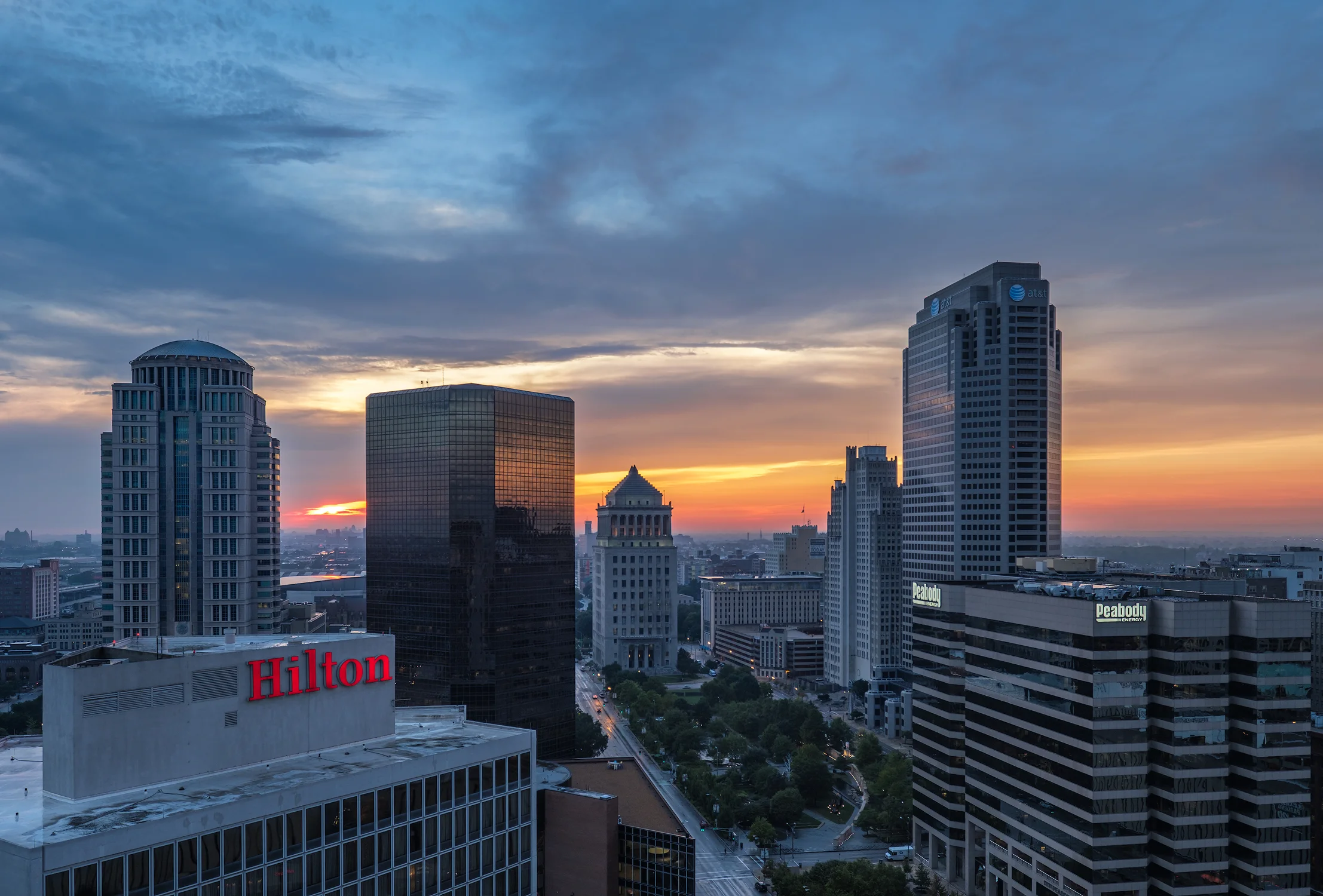 Looking West as the sun sets over the St. Louis skyline.