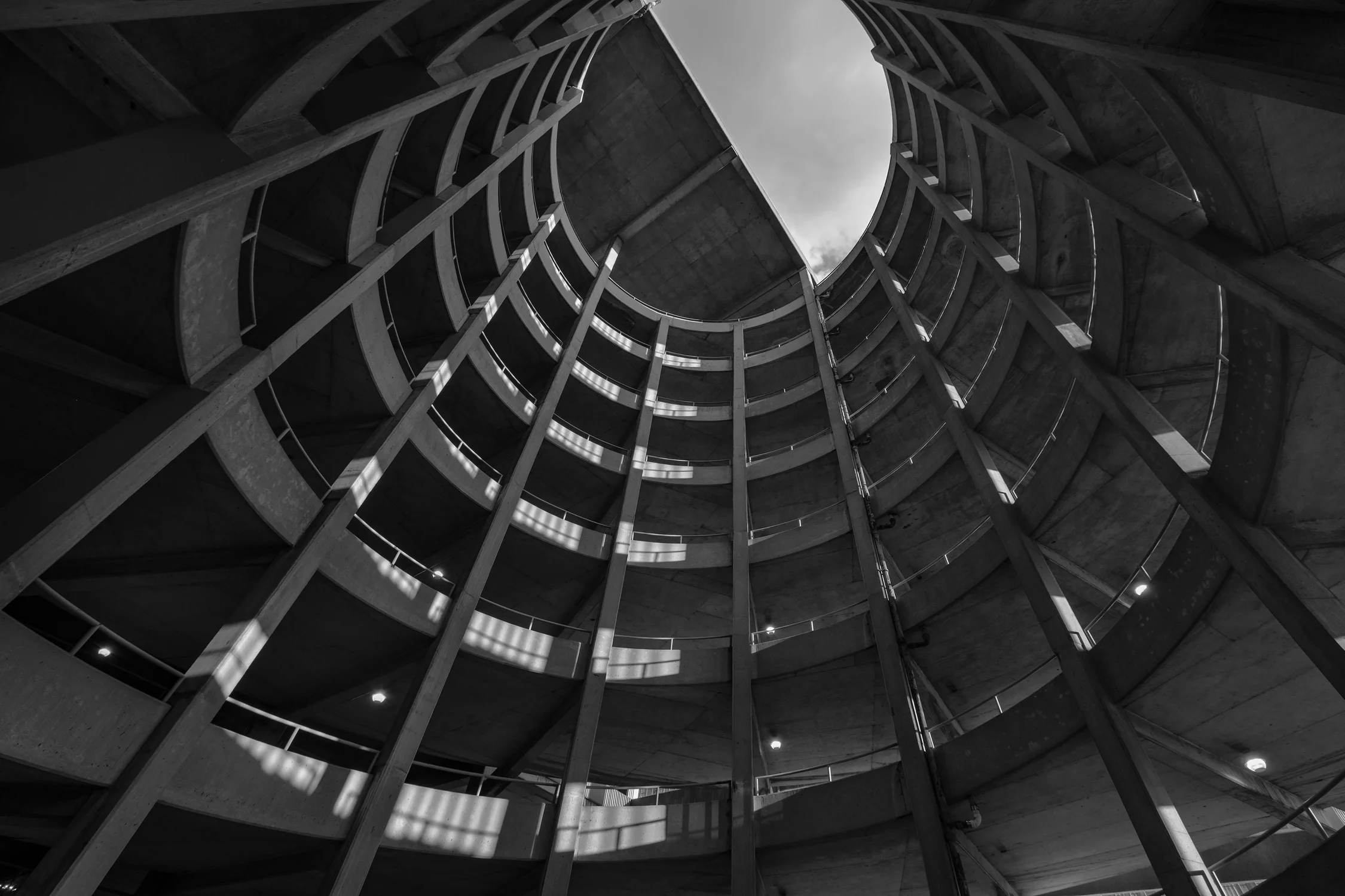 A spiral deck winds towards the sky. Fuji X-Pro 2 and a Fujinon 10-24mm f3.5.