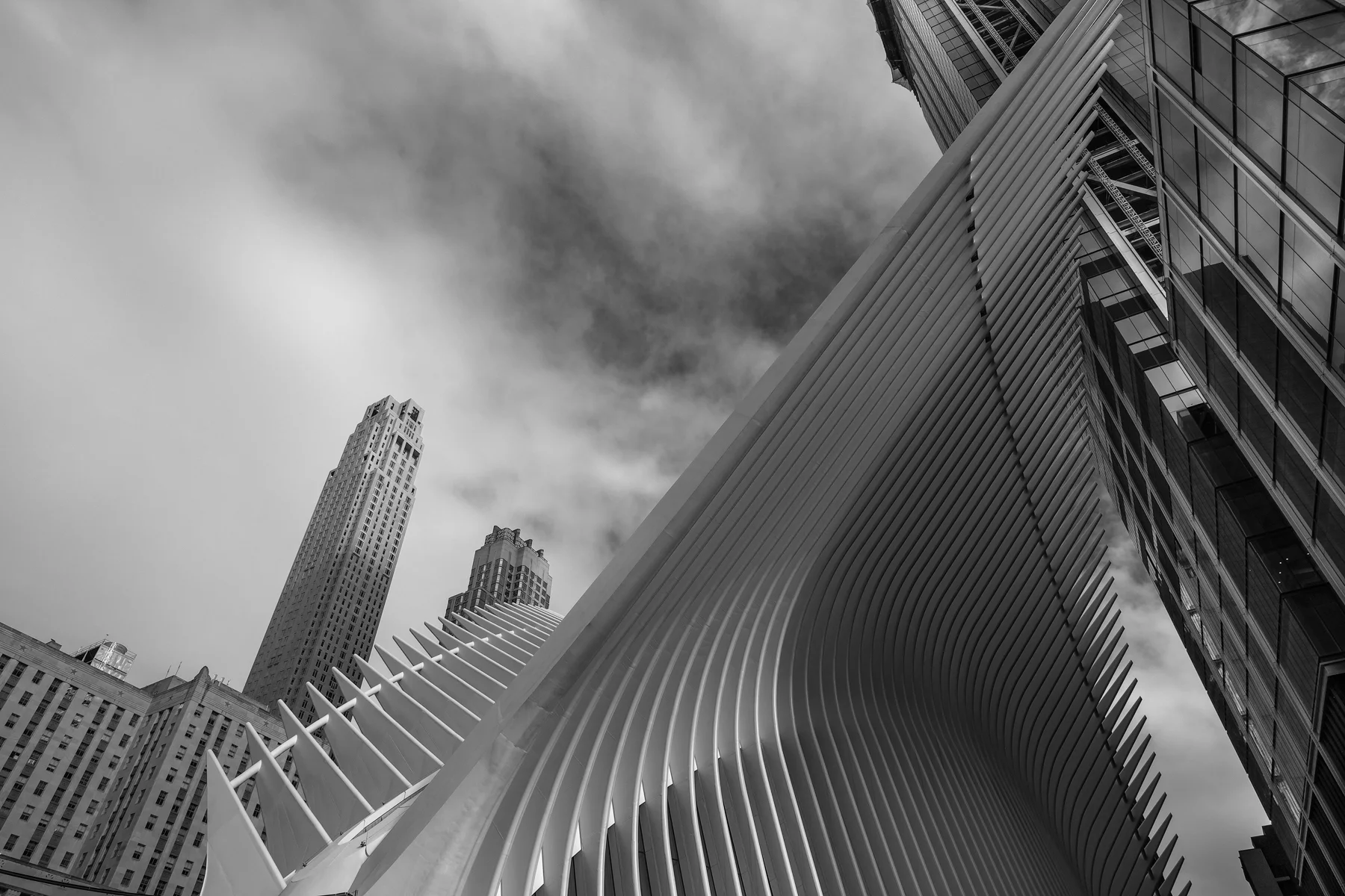 The Oculus from Street Level at the 9/11 Plaza. Acros NeoPan Film Emulation.