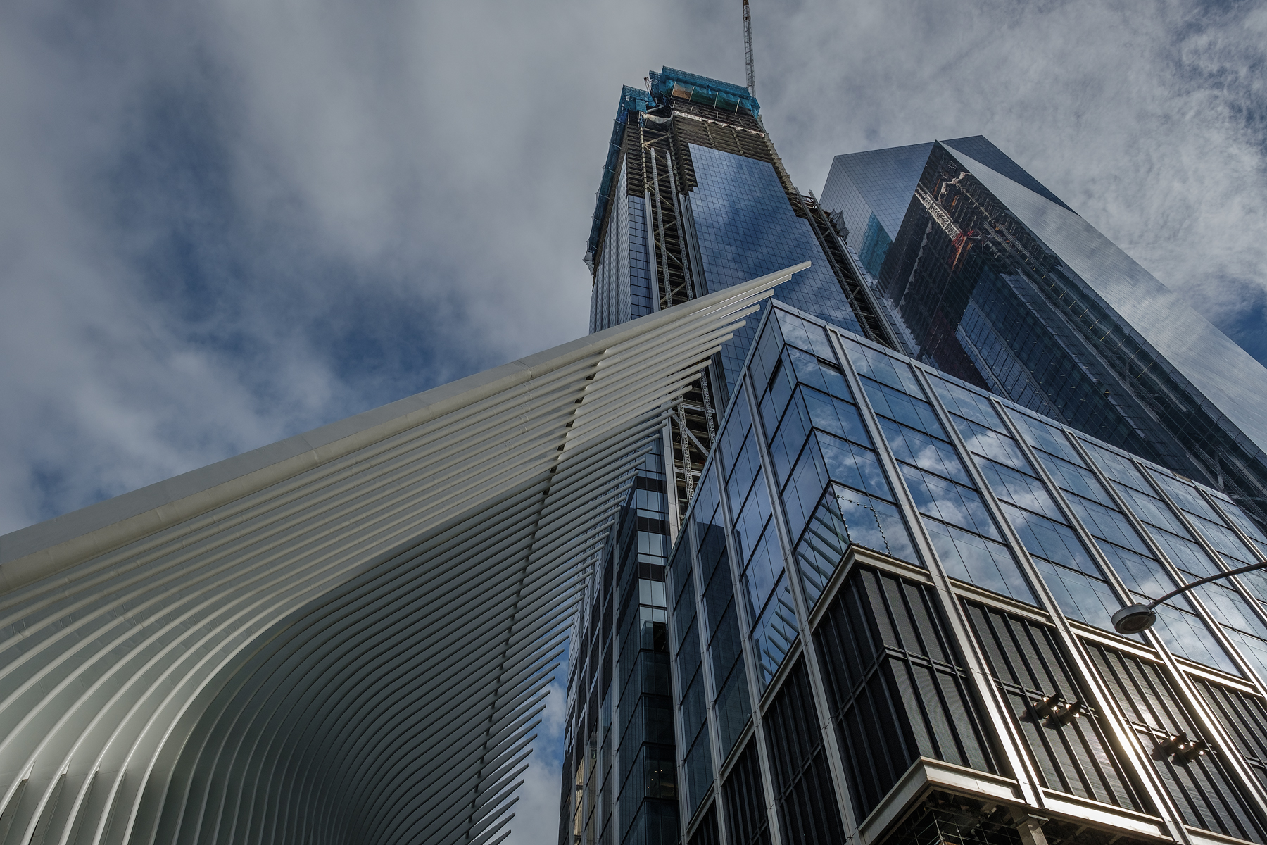 The fins of the Oculus seem to engage one of the new glass towers at the World Trade Center Site.
