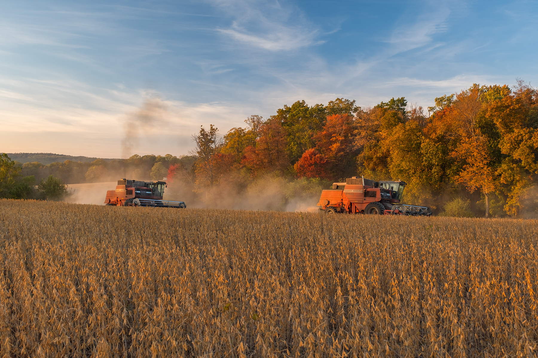 Two combines harvest against a tree line full of fall color. Fuji X-T2 and a Fujinon XF55-200mm at 70mm. Image exposed at ISO 200 at f5.6 for 1/60 of a second.