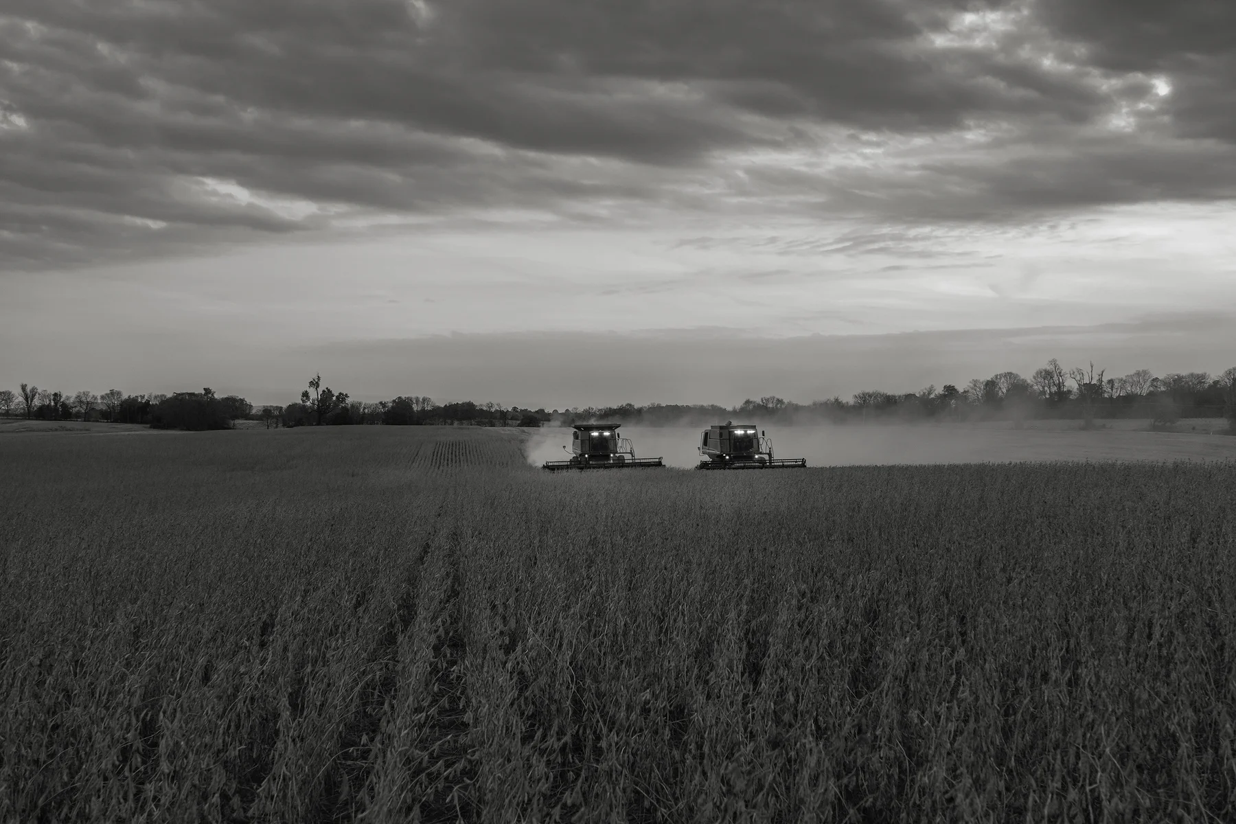Dueling combines work under a darkening sky. Fuji X-T2 and a Fujinon XF16-55mm f2.8 WR at 55mm. Image exposed at ISO 800 at f4 for 1/60 of a second.