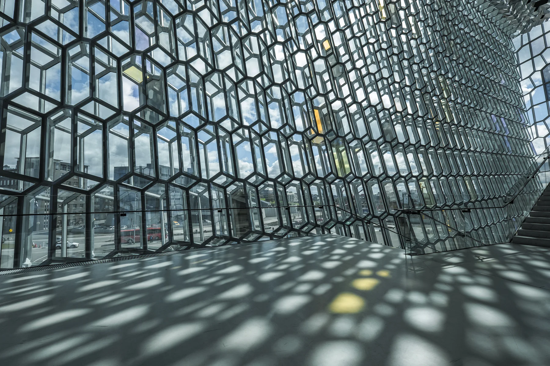 Depending on the angle of view some glass panes glow in shades of yellow.