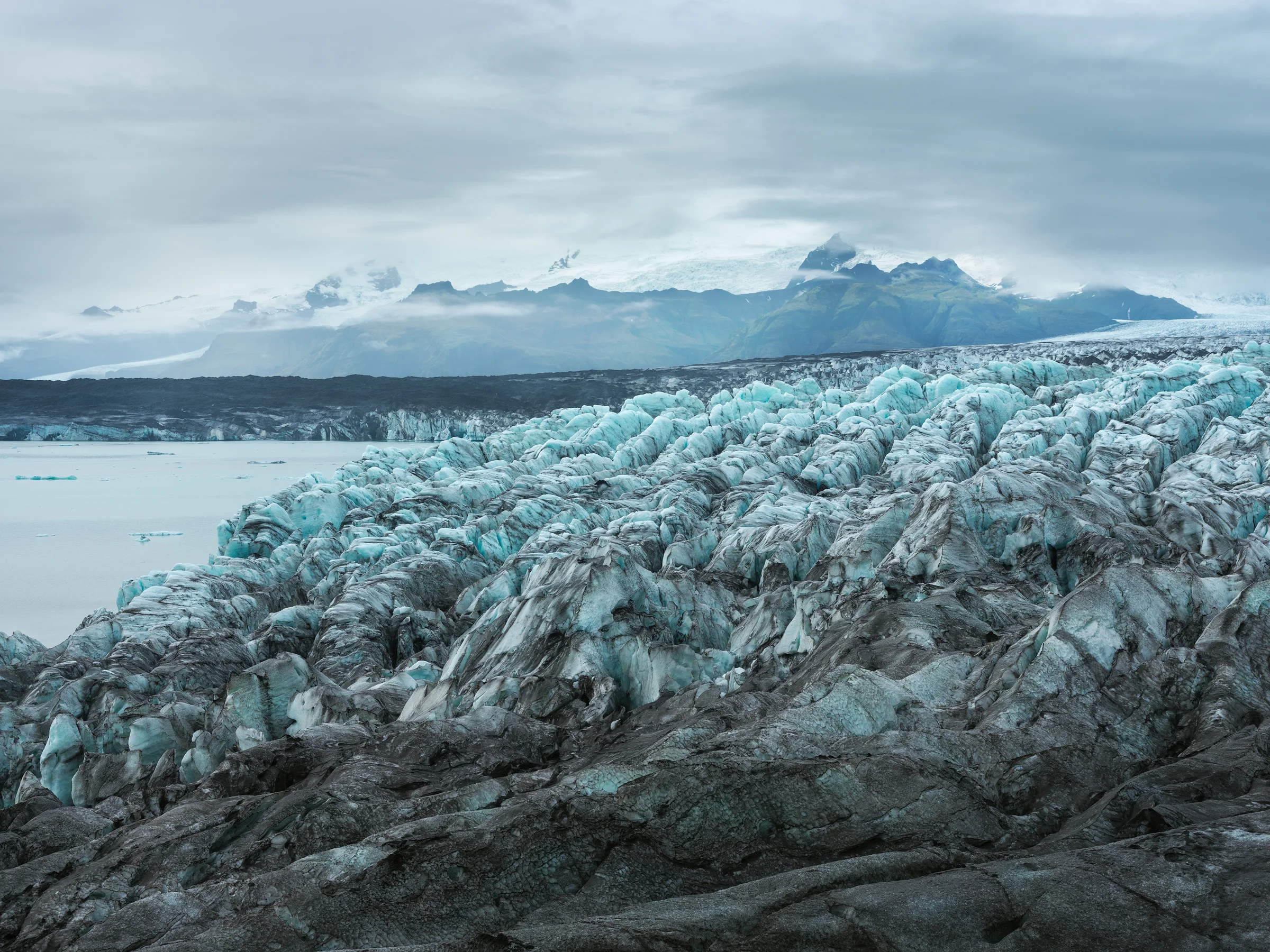 Blue-green seracs form the tongue of Breiðamerkurjökull.
