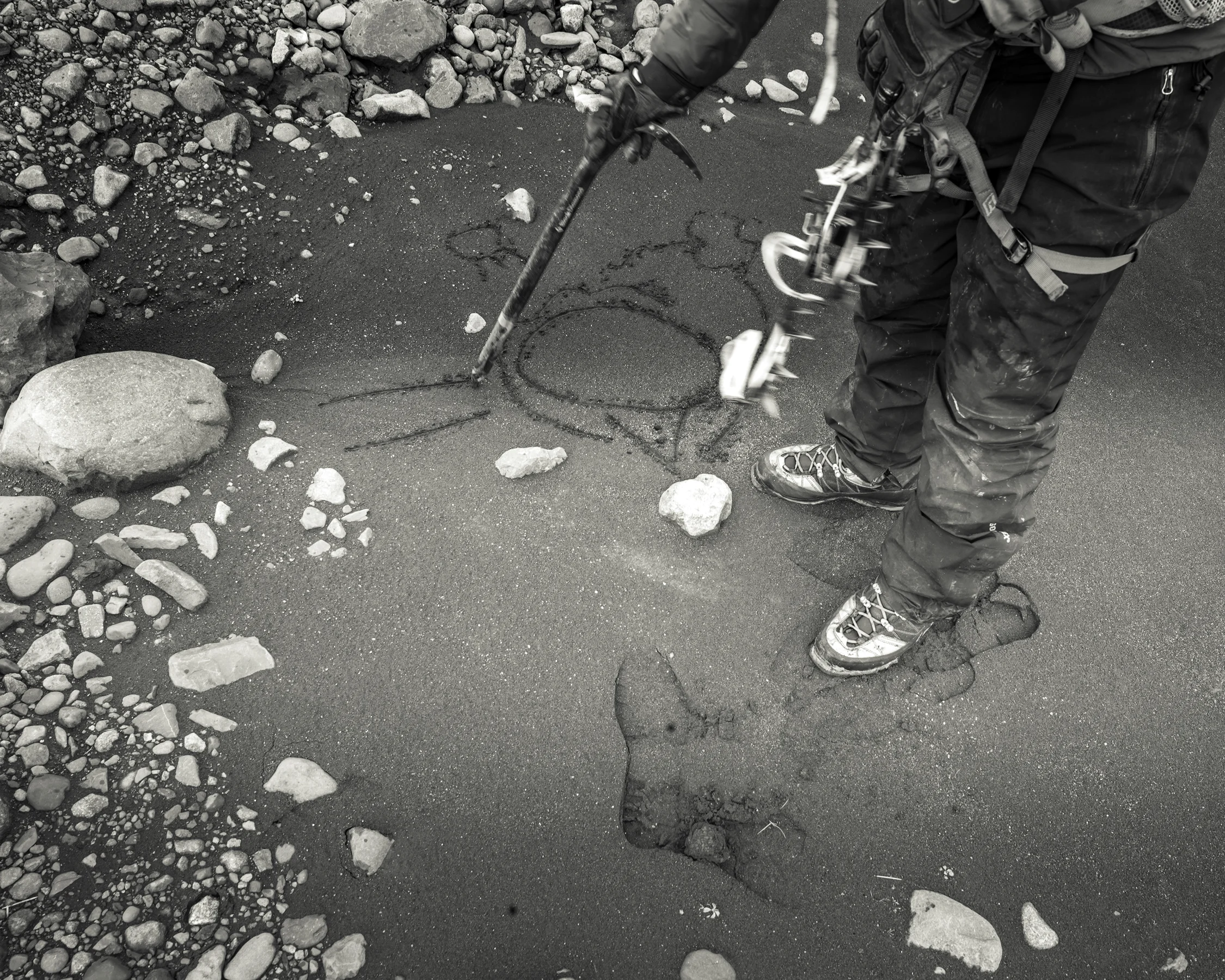 Haukur’s sketch in the sand on the importance of glaciers in the environmental well being of the Earth.