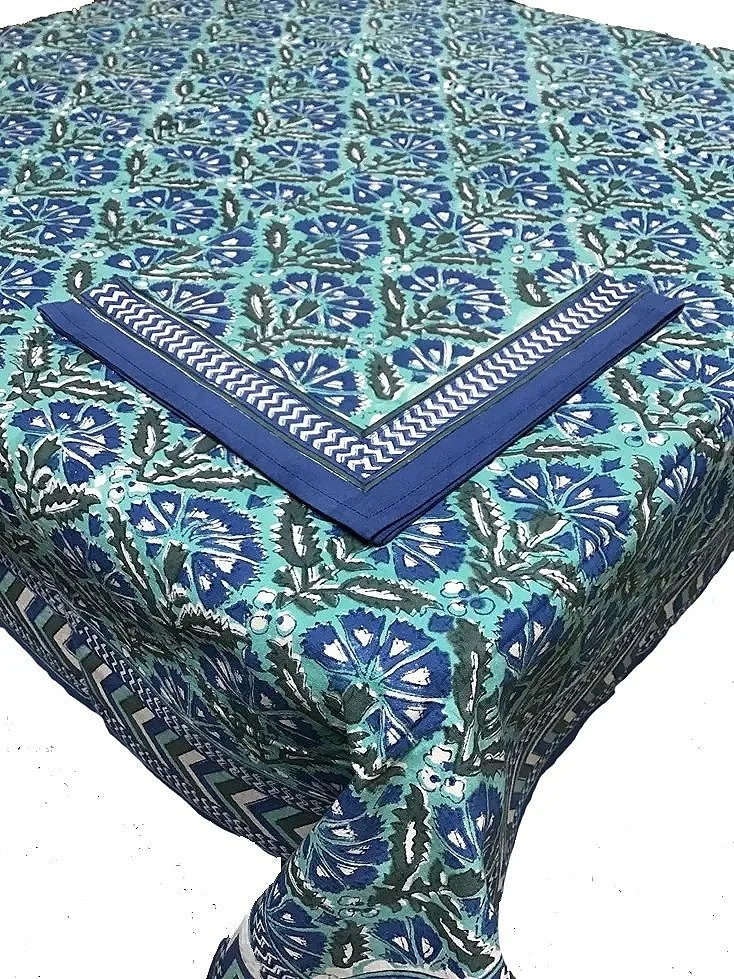 chrysanthemum blue green hand block printed tablecloth and napkins