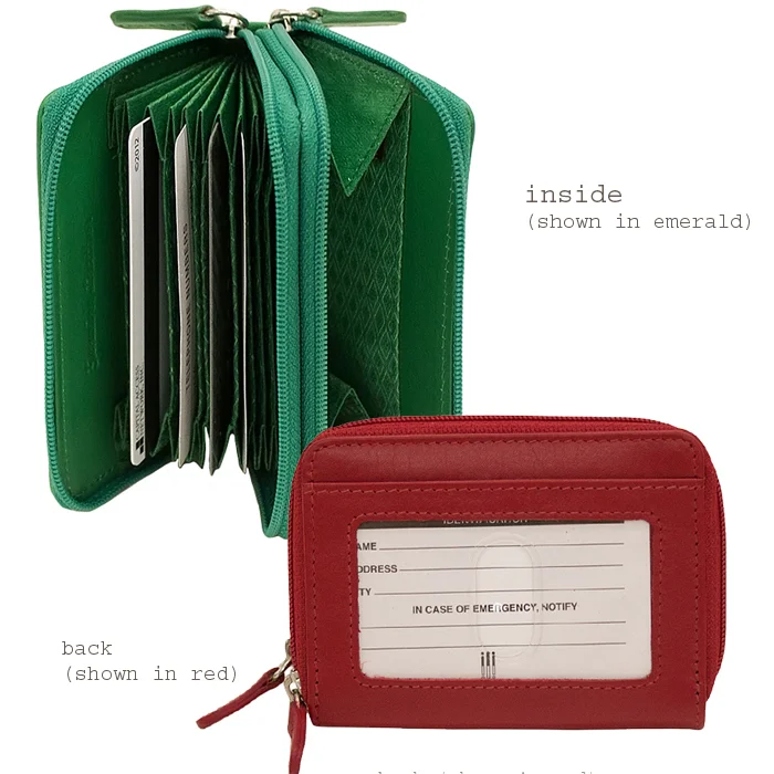 emerald red leather zip credit card case