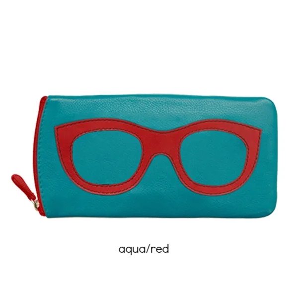 aqua red leather eyeglass case