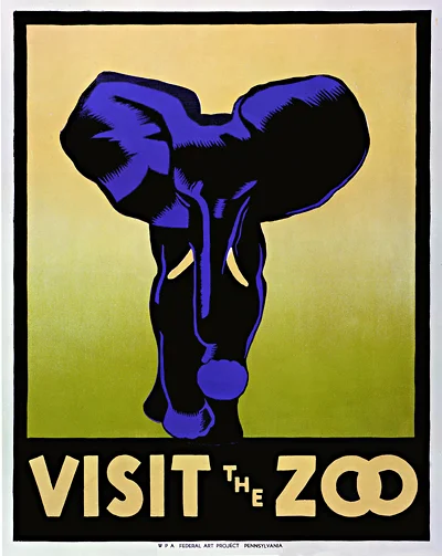 visit the zoo elephant vintage wpa poster