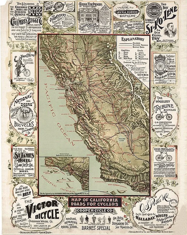1895 Antique California Roads for Cyclists Map