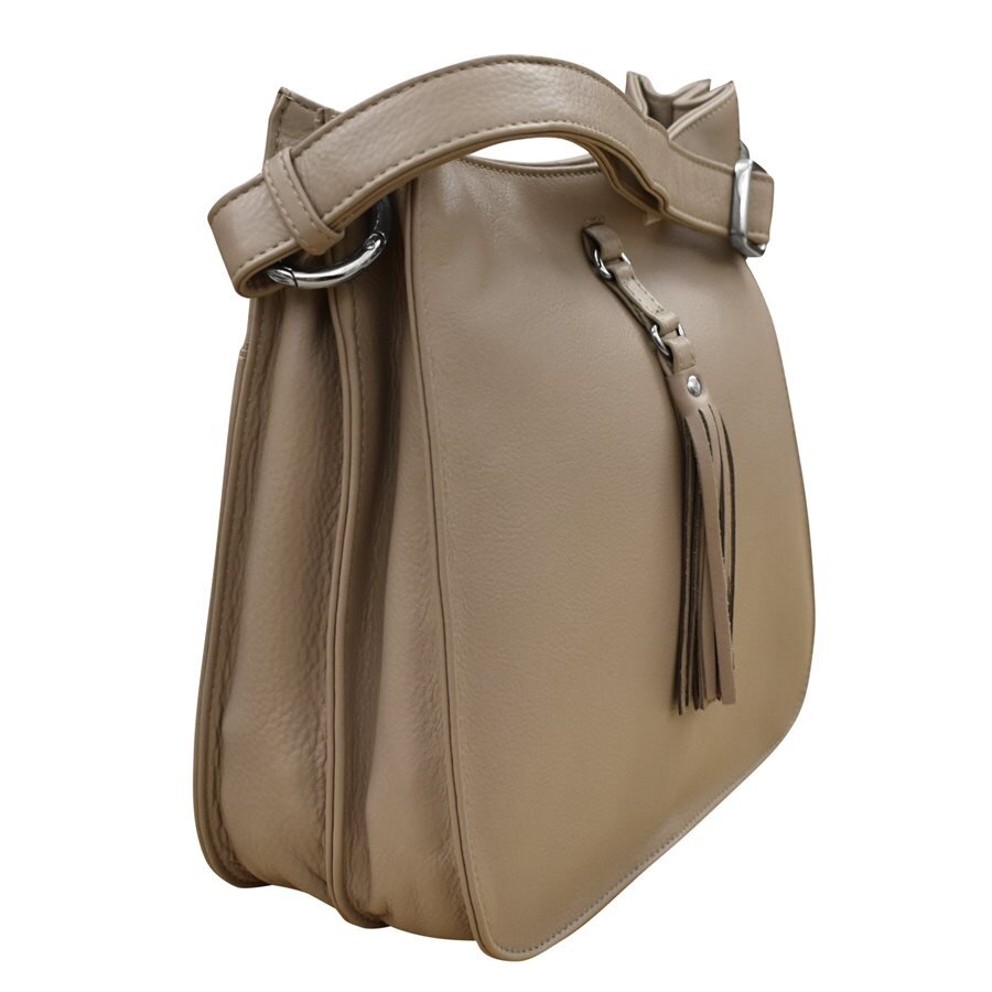 taupe leather feed bag handbag — MUSEUM OUTLETS