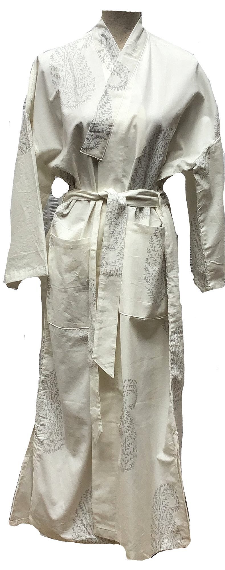 hand block print ivory gray paisley kimono robe — MUSEUM OUTLETS