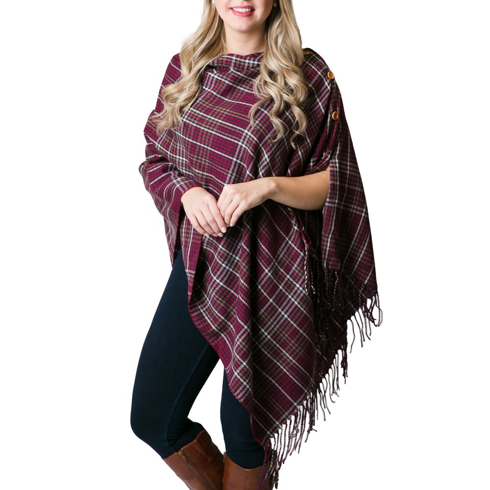 plaid poncho capes in green plaid, red tartan, black plaid and camel plaid  — MUSEUM OUTLETS