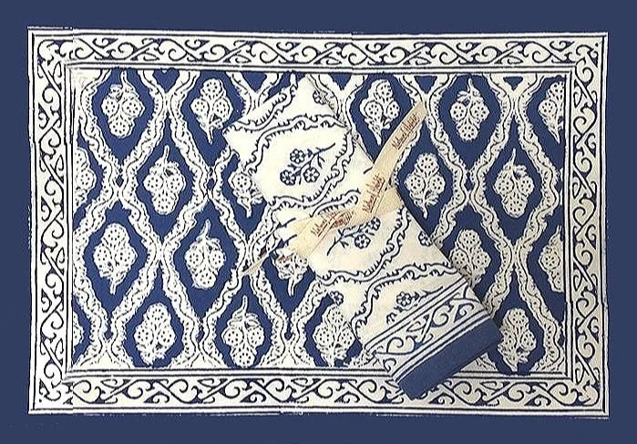 navy trellis hand block print cotton napkins and placemats