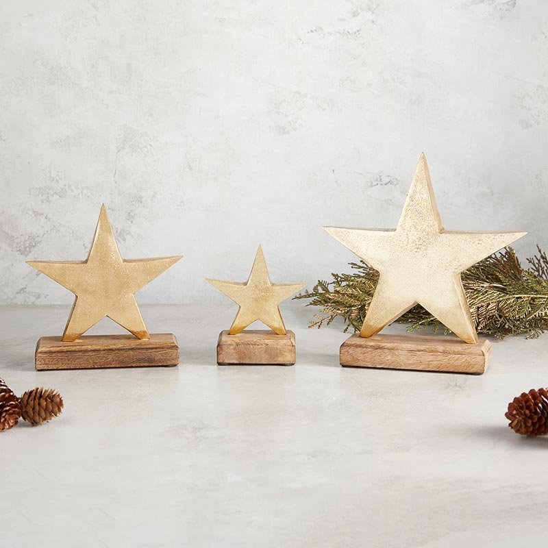 holiday decorative whimsical christmas metal gold stars on wood stand —  MUSEUM OUTLETS