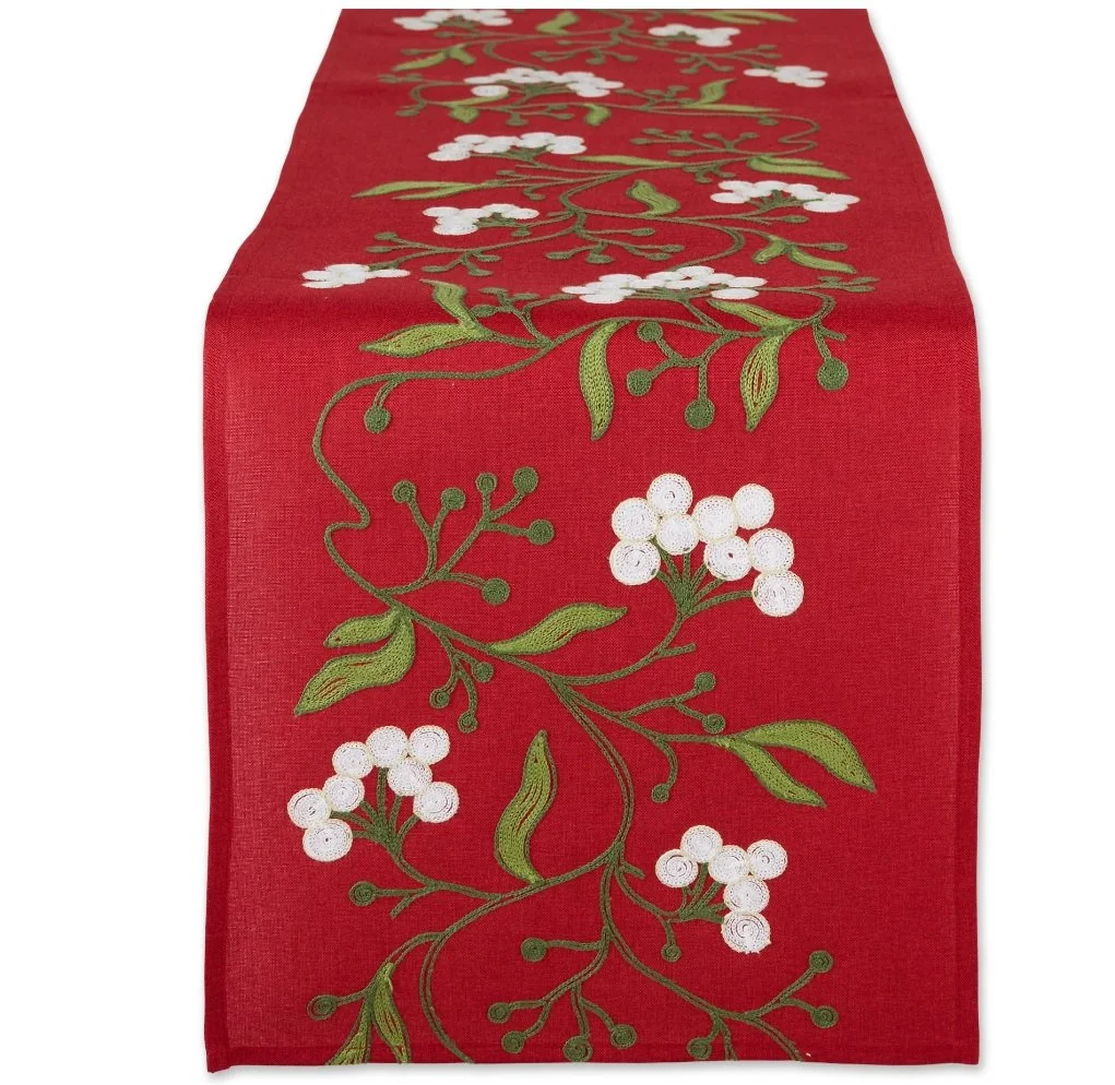 Embroidered Mistletoe Table Runner with Pom Poms main image 0