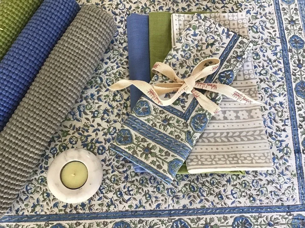 cornwall blue hand block printed tablecloth and napkins