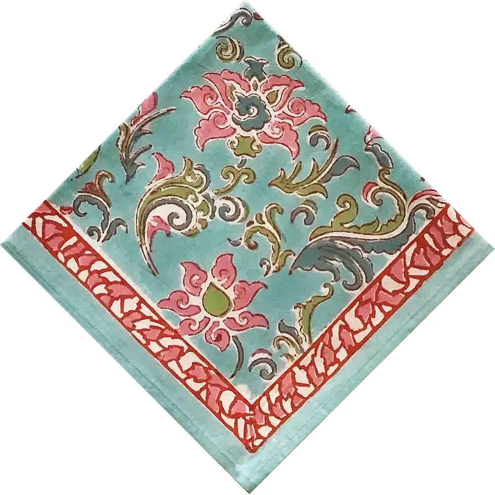 Block Print Leaves Cotton Dinner Napkins in Coral & Fuchsia