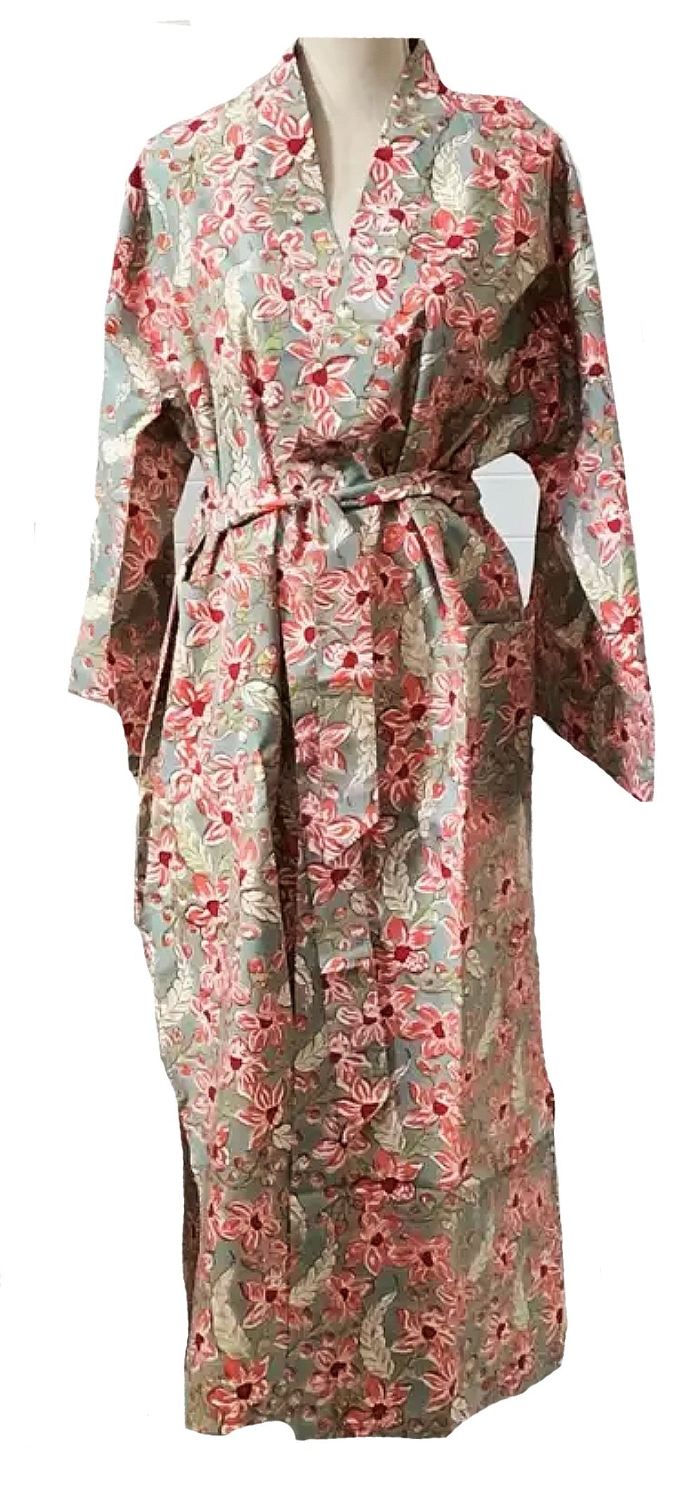 frangipani floral hand block print kimono robe — MUSEUM OUTLETS