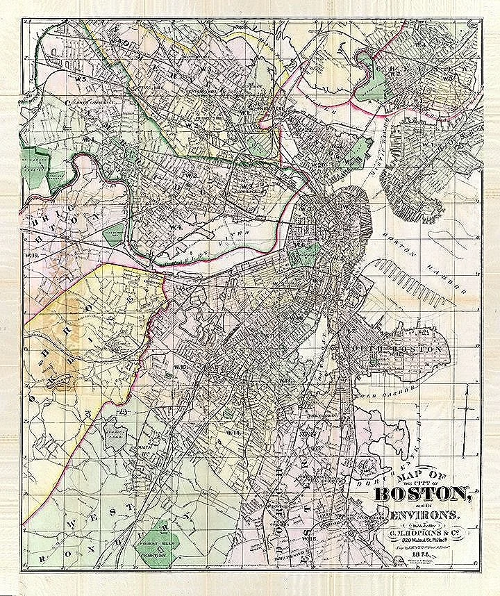 antique boston map and environs 1874